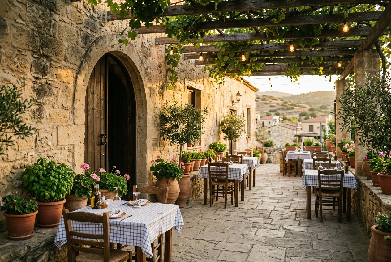 The stone courtyard of a village-house taverna at golden hour, under a vine pergola with checked tablecloths