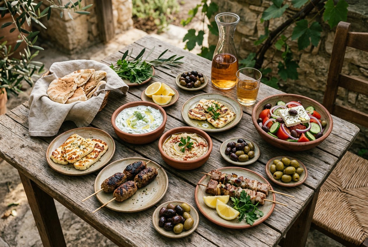 An overhead meze spread of small plates on a wooden table